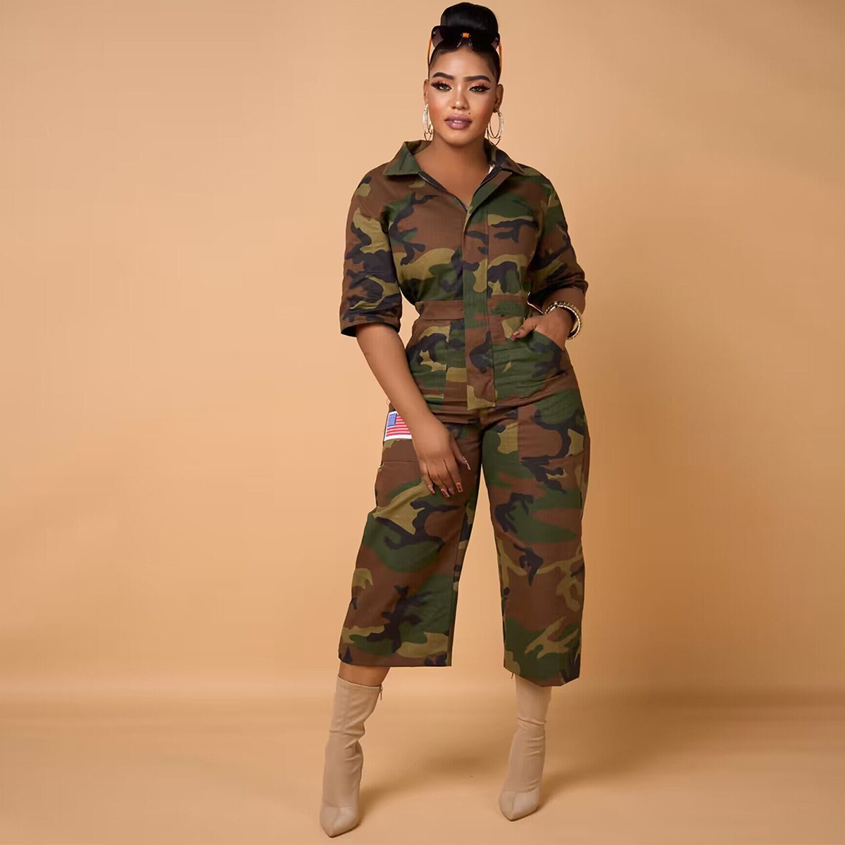 Fashionable camouflage printed half sleeve v neck loose casual woman jumpsuits long sleeve jumpsuit women