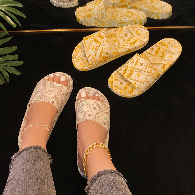 2021 summer fashion dollar graffiti wind flat-bottomed slippers female   women platform sandals woman shoes flat sandals