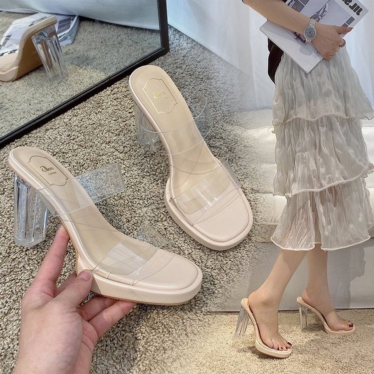 2024 Summer New Line with PVC Outwear Fashion Crystal Heels Slippers Ladies heels shoes for women ladies high heel shoes