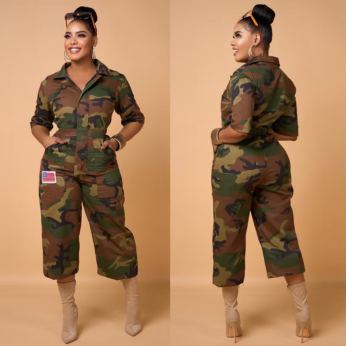 Fashionable camouflage printed half sleeve v neck loose casual woman jumpsuits long sleeve jumpsuit women