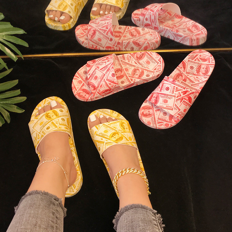 2021 summer fashion dollar graffiti wind flat-bottomed slippers female   women platform sandals woman shoes flat sandals