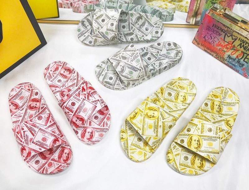 2021 summer fashion dollar graffiti wind flat-bottomed slippers female   women platform sandals woman shoes flat sandals