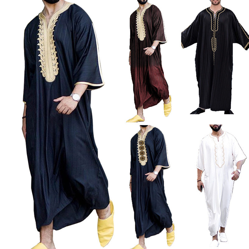 Arab Robe Soft Printing Short Sleeve Long Gown Muslim Dress Men for Male Kaftan Abaya Islamic traditional muslim clothing