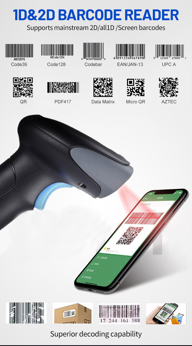 EVAWGIB Cheapest 1D&2D Supermarket Handheld Barcode Scanner Bar Code Reader QR Blue tooth 2.4G Wireless&Wired USB Interface