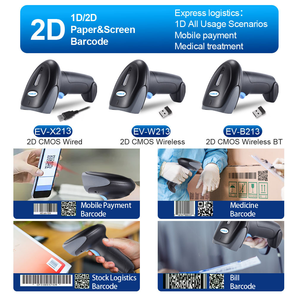 EVAWGIB Cheapest 1D&2D Supermarket Handheld Barcode Scanner Bar Code Reader QR Blue tooth 2.4G Wireless&Wired USB Interface