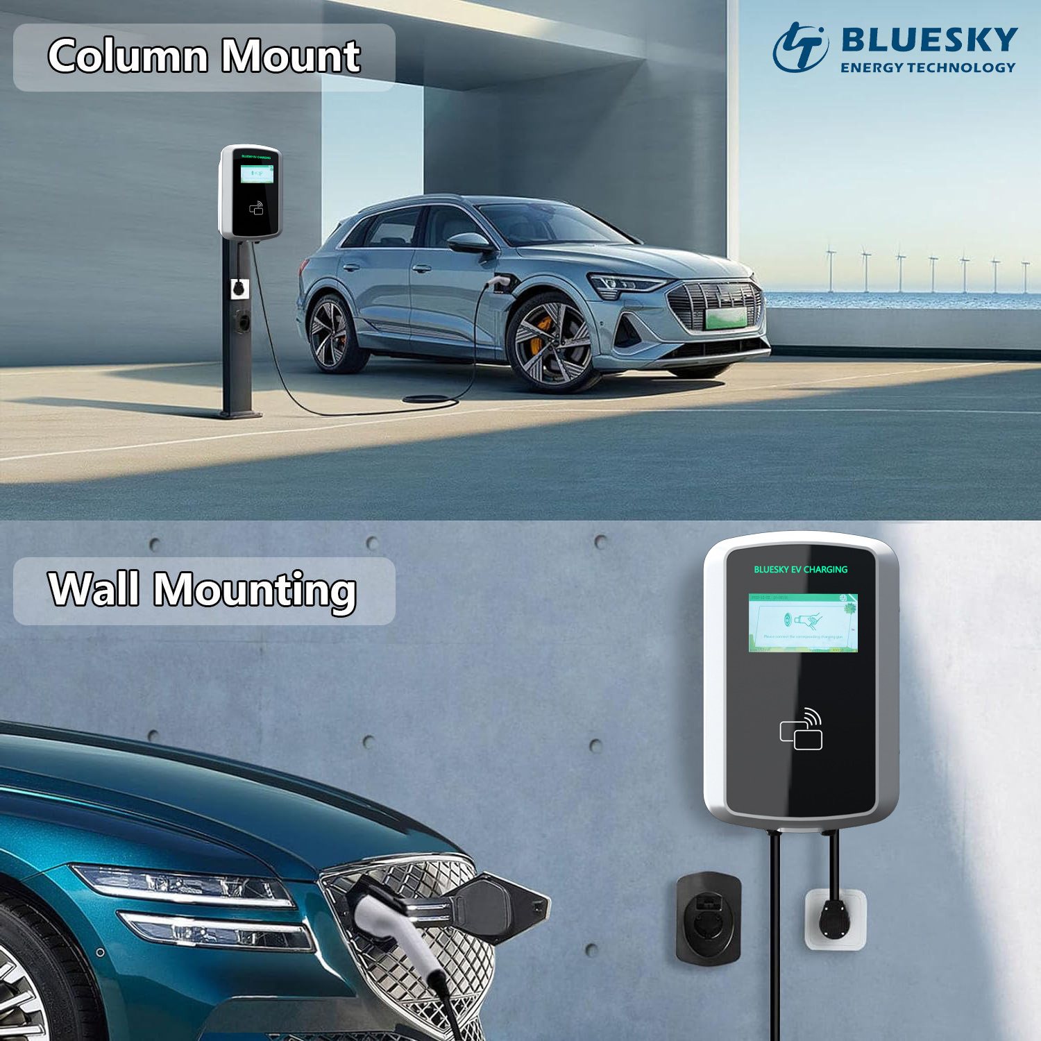 Bluesky smart electric car charging station pole ocpp evse wallbox mobile ev charger station 22kw setec byd