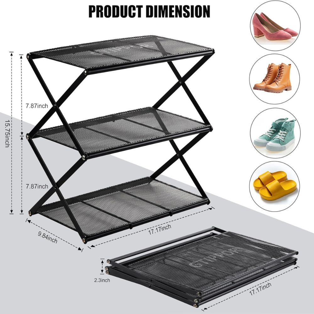 3 tier Small Shoes Rack For Entryway Organizer Metal Foldable Storage Sturdy For Closet Living Room Kitchen Study Area