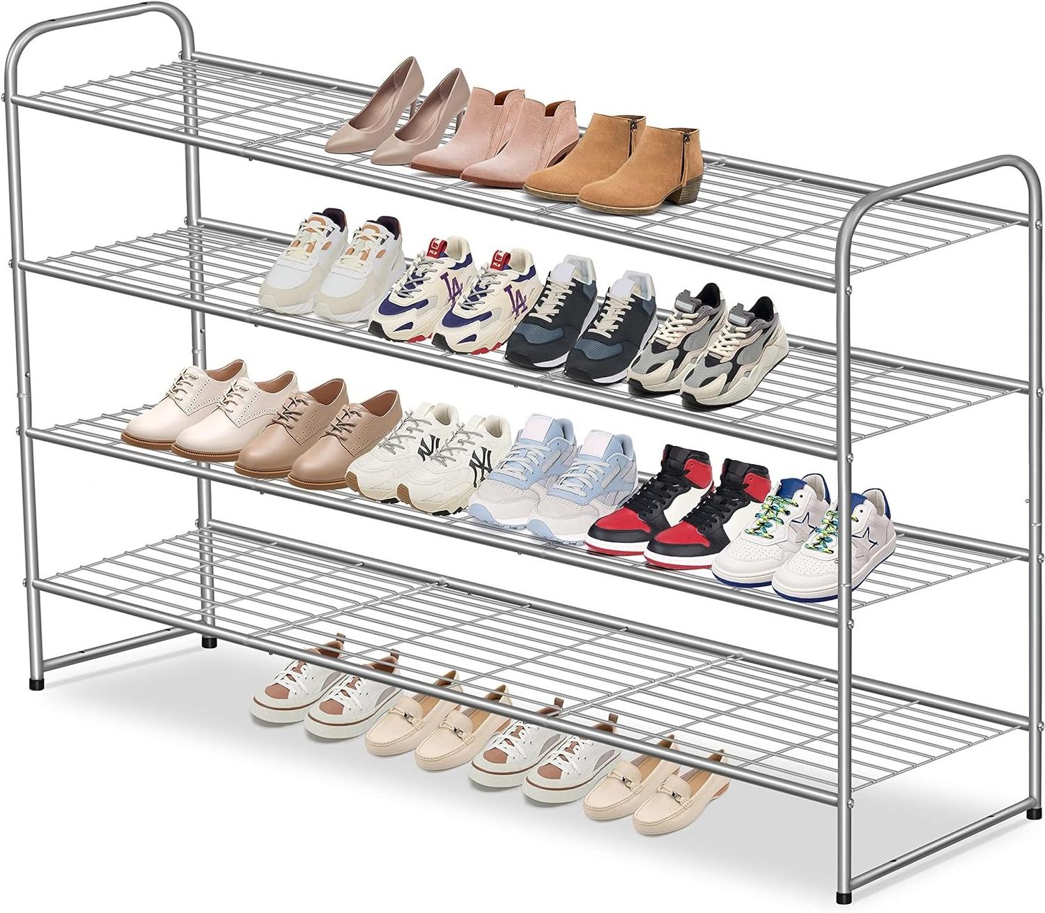 Long 4 Tier Shoe Rack Closet Metal Wide Organizer for Entryway Bedroom Floor Sneakers Stackable Shelf with Wire Grid Grey