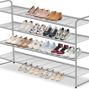 Long 4 Tier Shoe Rack Closet Metal Wide Organizer for Entryway Bedroom Floor Sneakers Stackable Shelf with Wire Grid Grey