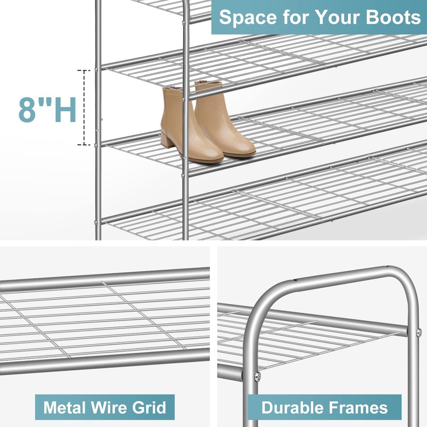 Long 4 Tier Shoe Rack Closet Metal Wide Organizer for Entryway Bedroom Floor Sneakers Stackable Shelf with Wire Grid Grey