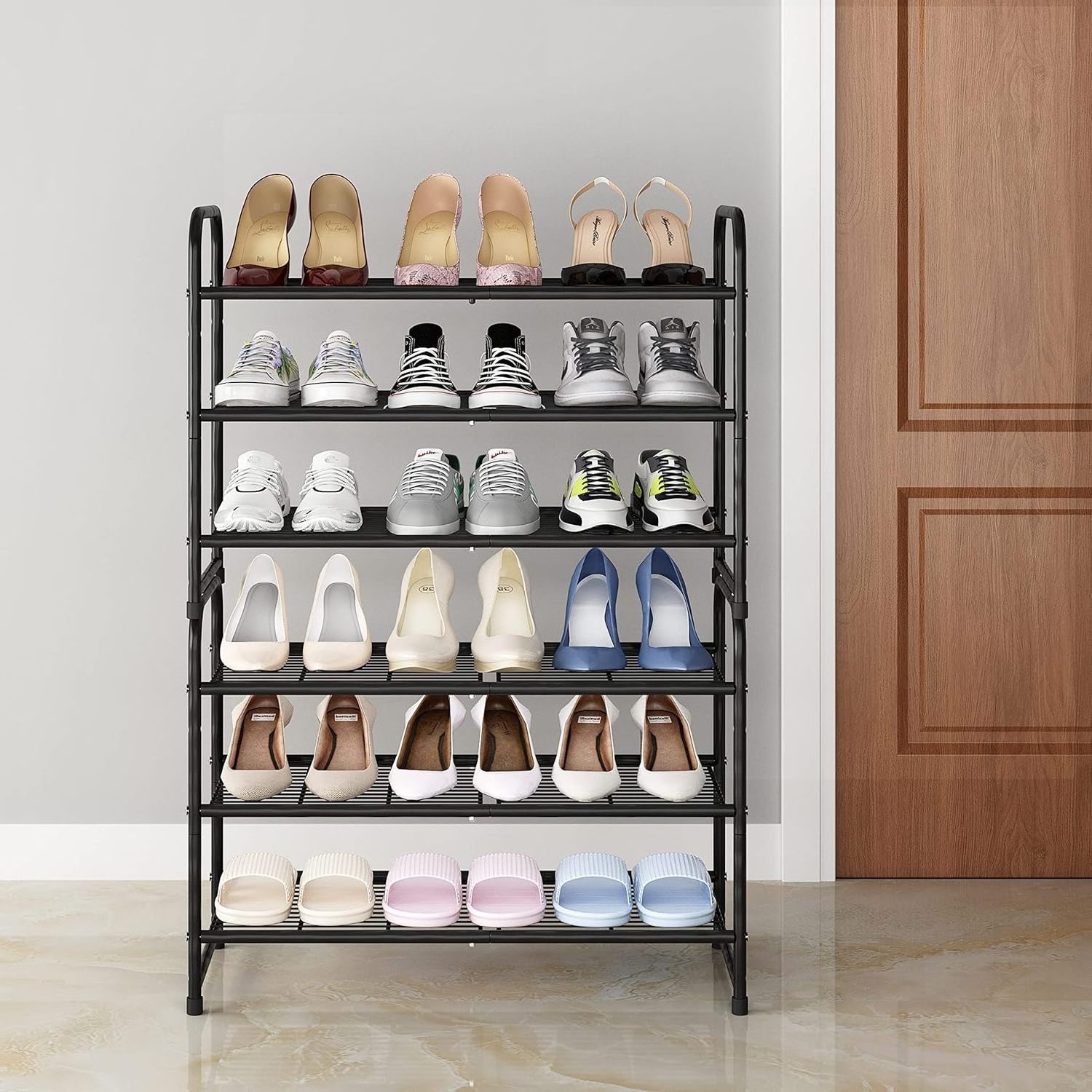 Simple Trending 3 Tier Stackable Shoe Rack Expandable & Adjustable Shelf Storage Organizer Wire Grid Black