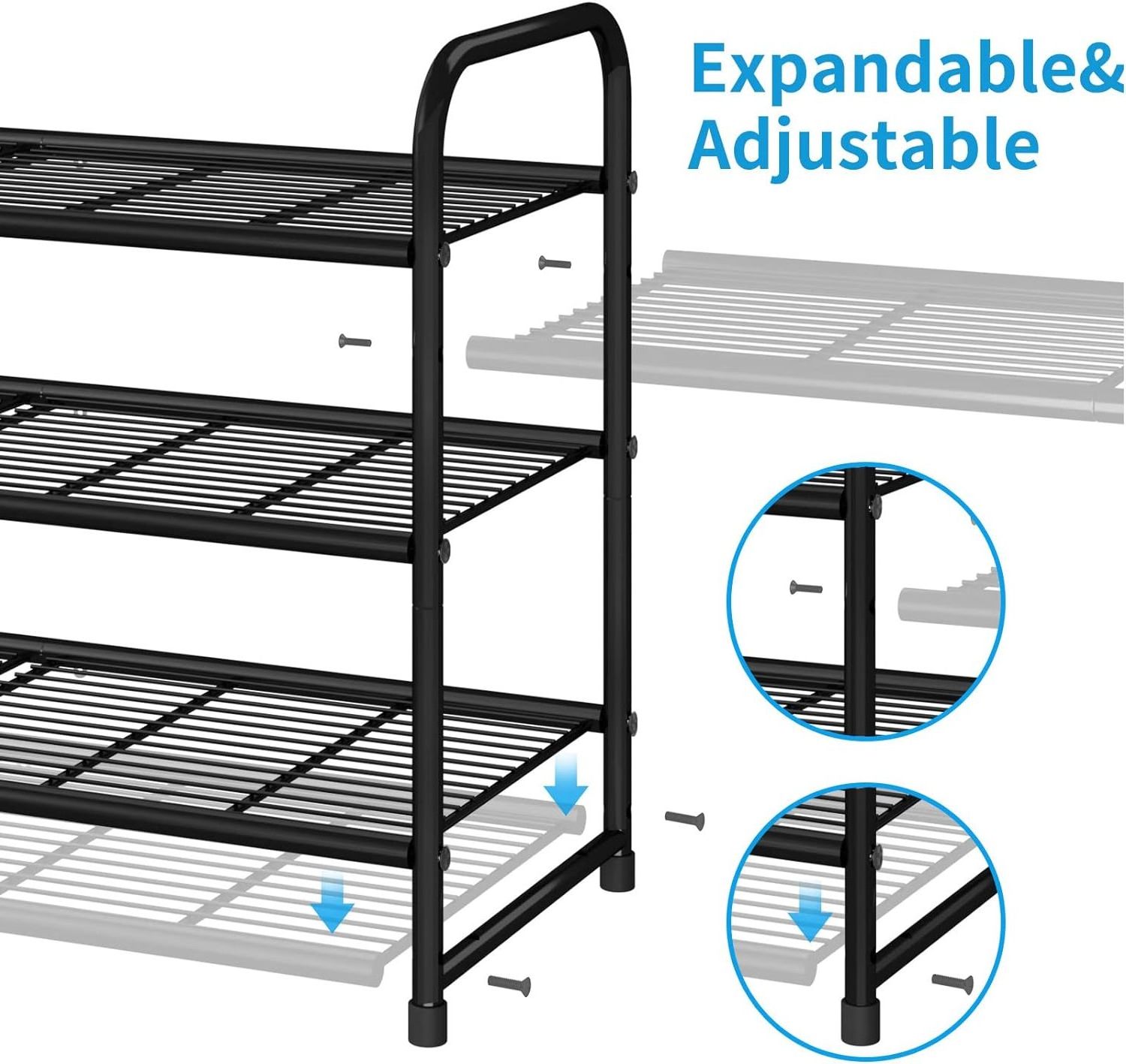 Simple Trending 3 Tier Stackable Shoe Rack Expandable & Adjustable Shelf Storage Organizer Wire Grid Black