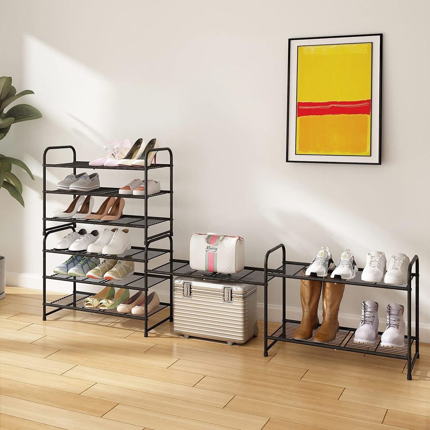 Simple Trending 3 Tier Stackable Shoe Rack Expandable & Adjustable Shelf Storage Organizer Wire Grid Black