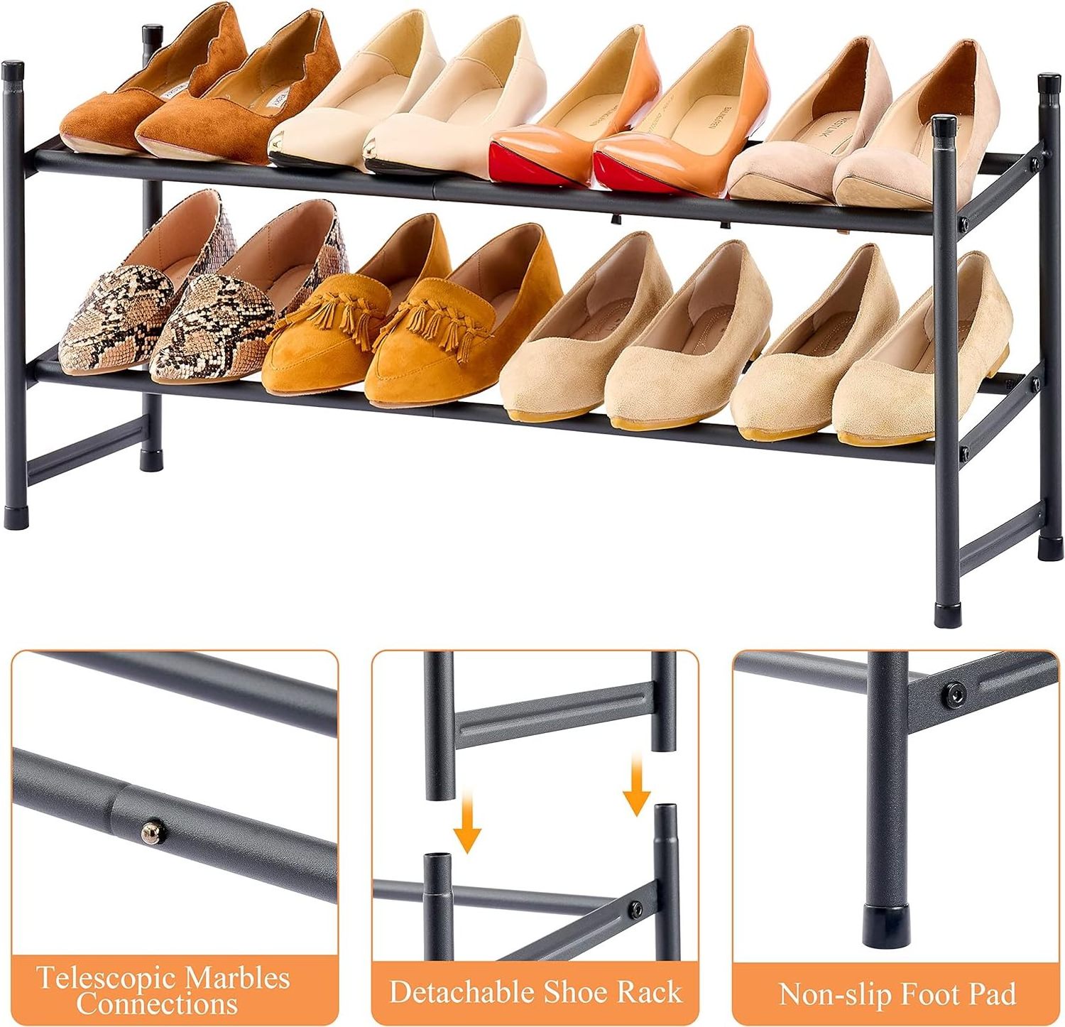 Expandable Shoe Rack Organizer 2 Tier Adjustable Metal Iron Shoe Shelf Storage for Closet Bedroom Entryway Black