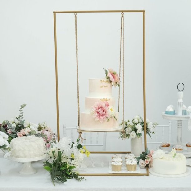 Modern Design Gold Metal Hanging Cake Swing Stand With Base Plate Dessert Display For Fashionable Weddings Birthday Party