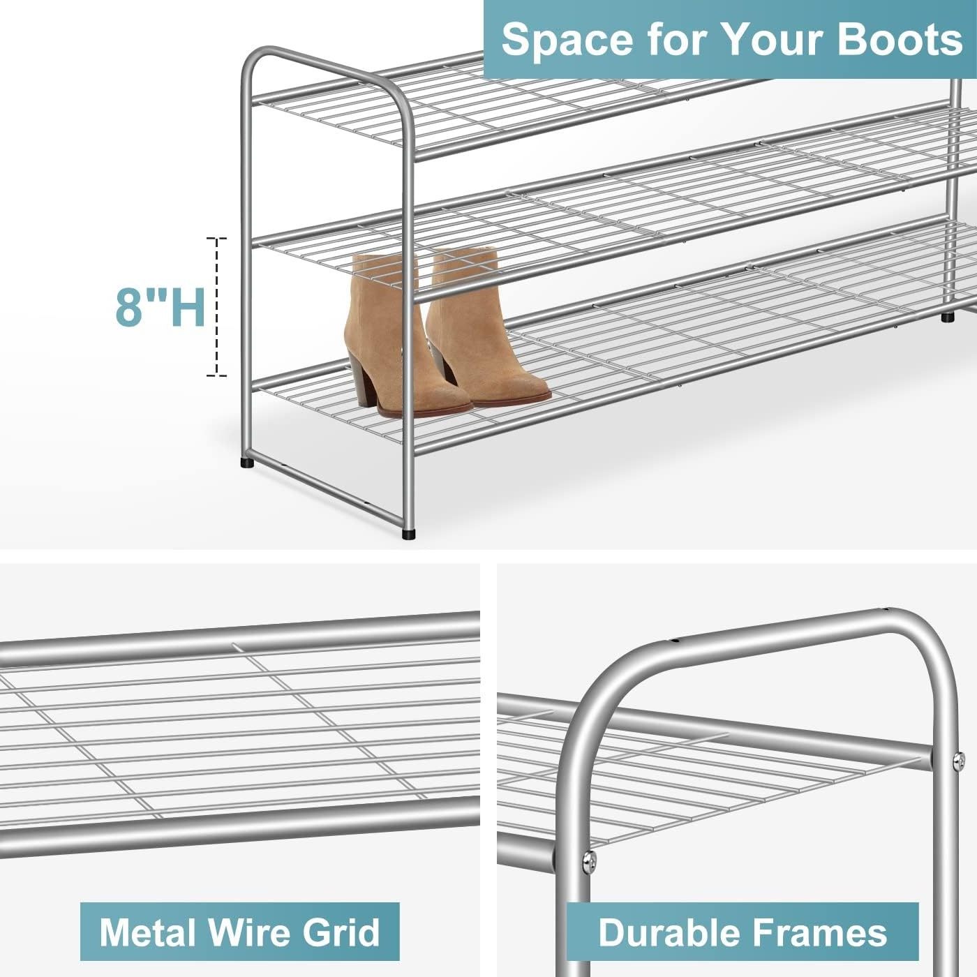 3 Tier Long Shoe Rack Closet Metal Wide Organizer for Entryway Bedroom Sneakers Stackable Storage Shelf with Wire Grid Grey