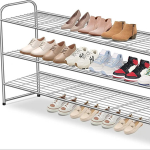 3 Tier Long Shoe Rack Closet Metal Wide Organizer for Entryway Bedroom Sneakers Stackable Storage Shelf with Wire Grid Grey