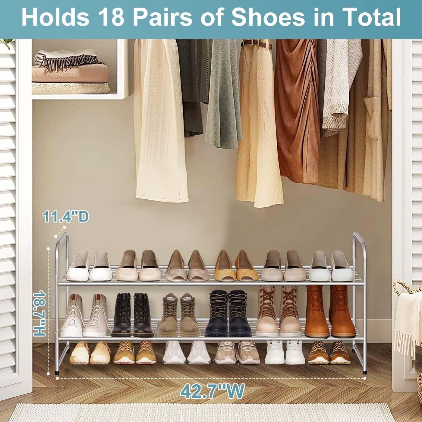 2 Tier Long Metal Shoe Rack for Closet Wide Stackable Storage Organizer 18 Pairs Low Small for Entryway Bedroom Garage Grey