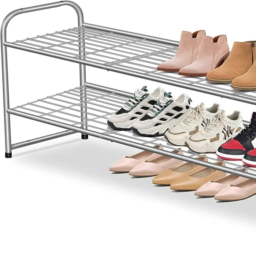 2 Tier Long Metal Shoe Rack for Closet Wide Stackable Storage Organizer 18 Pairs Low Small for Entryway Bedroom Garage Grey