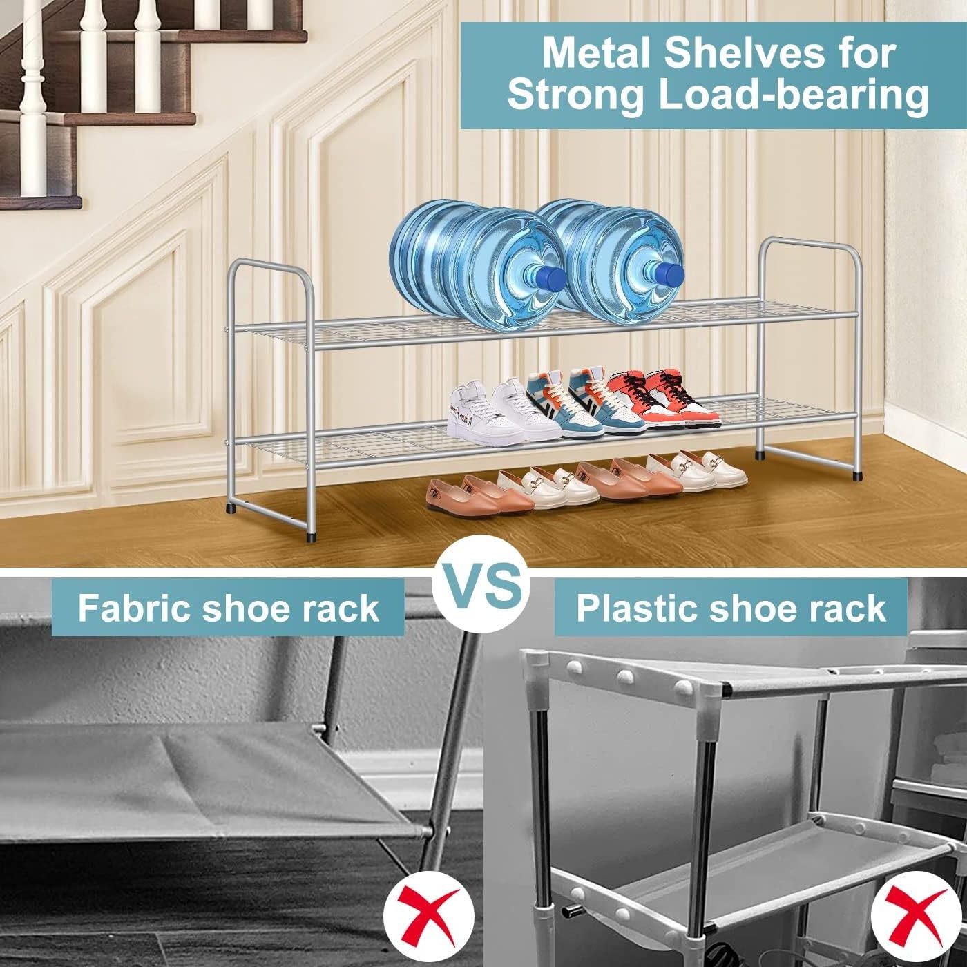 2 Tier Long Metal Shoe Rack for Closet Wide Stackable Storage Organizer 18 Pairs Low Small for Entryway Bedroom Garage Grey