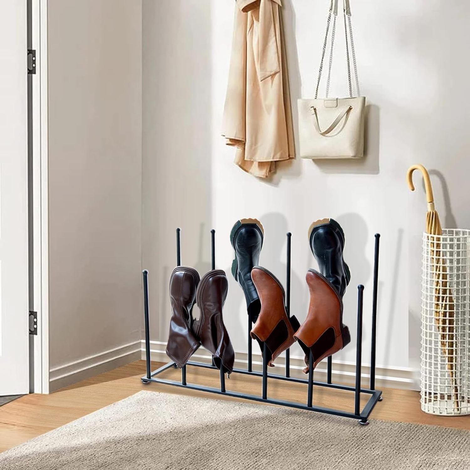 Free Standing Large Boot Rack Holder Tall Boots Storage Black Metal Storage and Organizer Entryway Cabinet Closet Bedroom