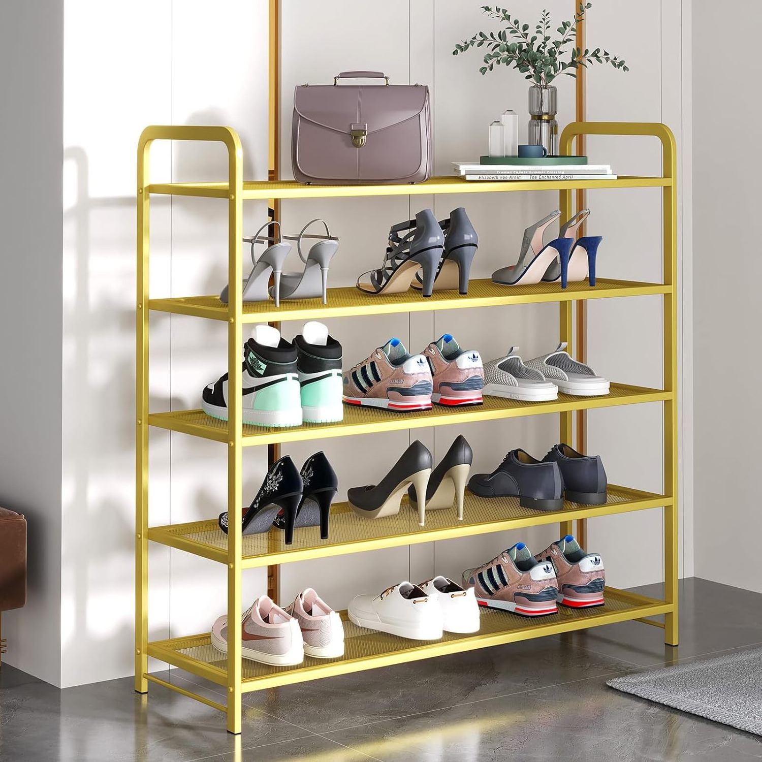 5 Tier free standing shoe shelf organizer rack for entryway and front door entrance metal stand for dorm garage bedroom