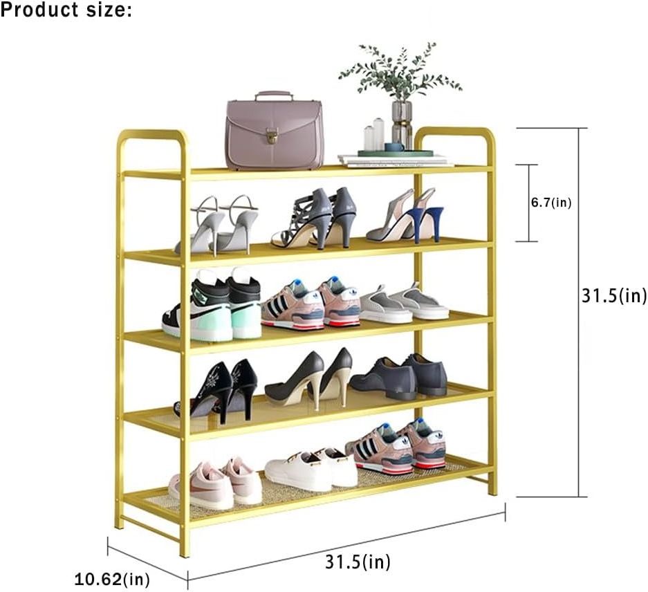 5 Tier free standing shoe shelf organizer rack for entryway and front door entrance metal stand for dorm garage bedroom