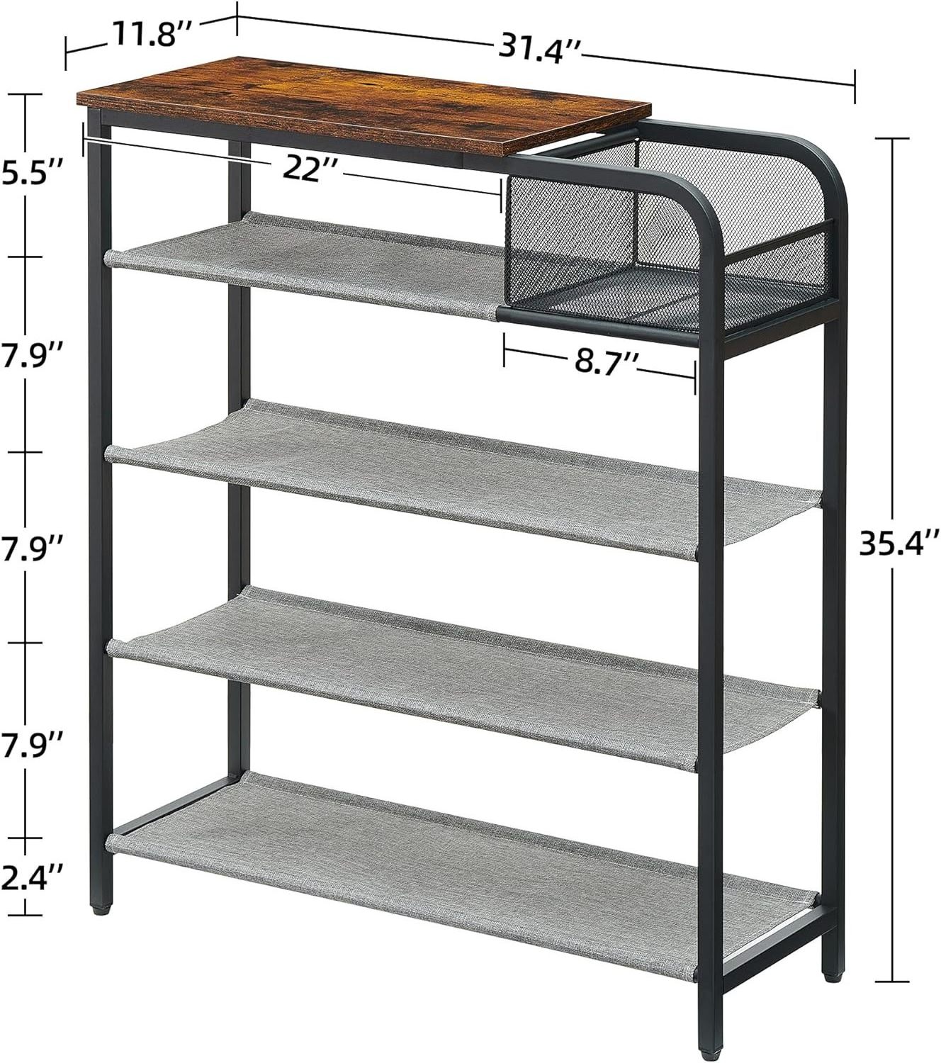 Shoe Rack 5 Tier Storage Organizer with Basket Shelf 4 Fabric Shelves and Top Panel Holds of Shoes for Entryway Steel Frame