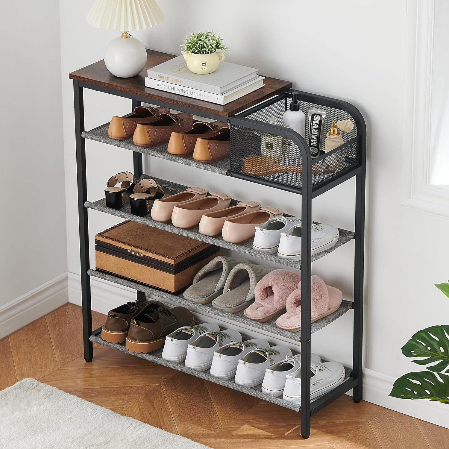 Shoe Rack 5 Tier Storage Organizer with Basket Shelf 4 Fabric Shelves and Top Panel Holds of Shoes for Entryway Steel Frame