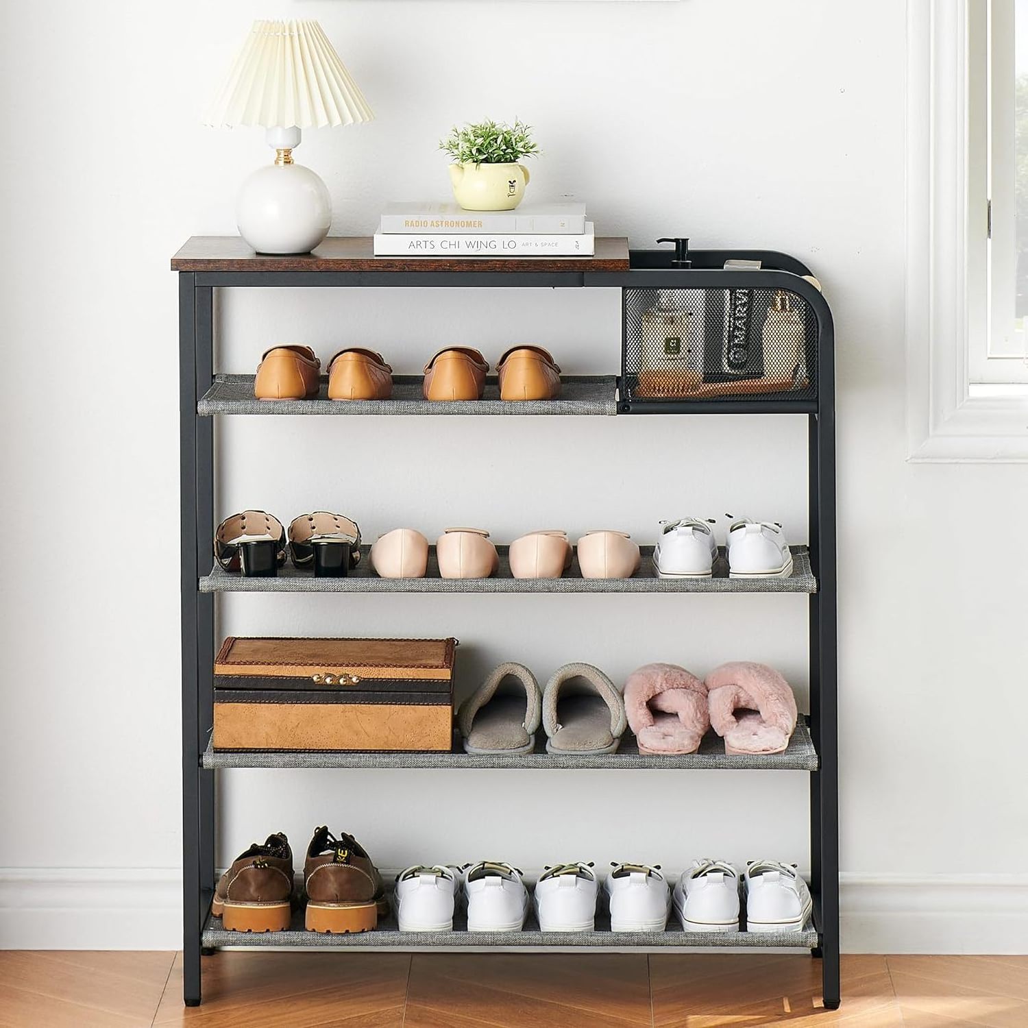 Shoe Rack 5 Tier Storage Organizer with Basket Shelf 4 Fabric Shelves and Top Panel Holds of Shoes for Entryway Steel Frame