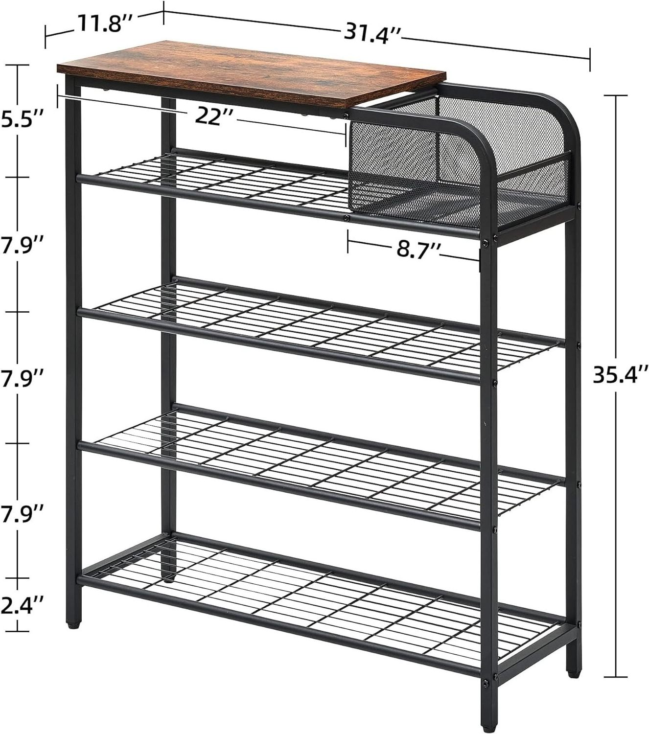 Freestanding Steel shelves Shoe Rack 5 Tier Shoe Storage with Mesh Basket Organizer with Wooden Top Bedroom Hallway