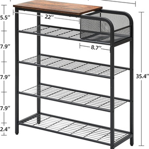 Freestanding Steel shelves Shoe Rack 5 Tier Shoe Storage with Mesh Basket Organizer with Wooden Top Bedroom Hallway