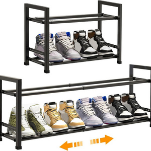 Expandable 2 Tier Shoe Rack Organizer for Closet Dorm Metal for Entryway Small Space Floor Door Hallway Entryway Black