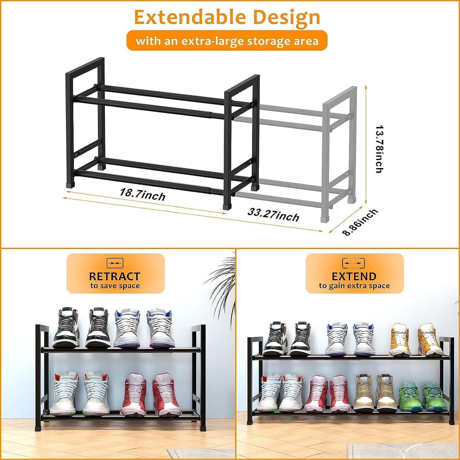 Expandable 2 Tier Shoe Rack Organizer for Closet Dorm Metal for Entryway Small Space Floor Door Hallway Entryway Black