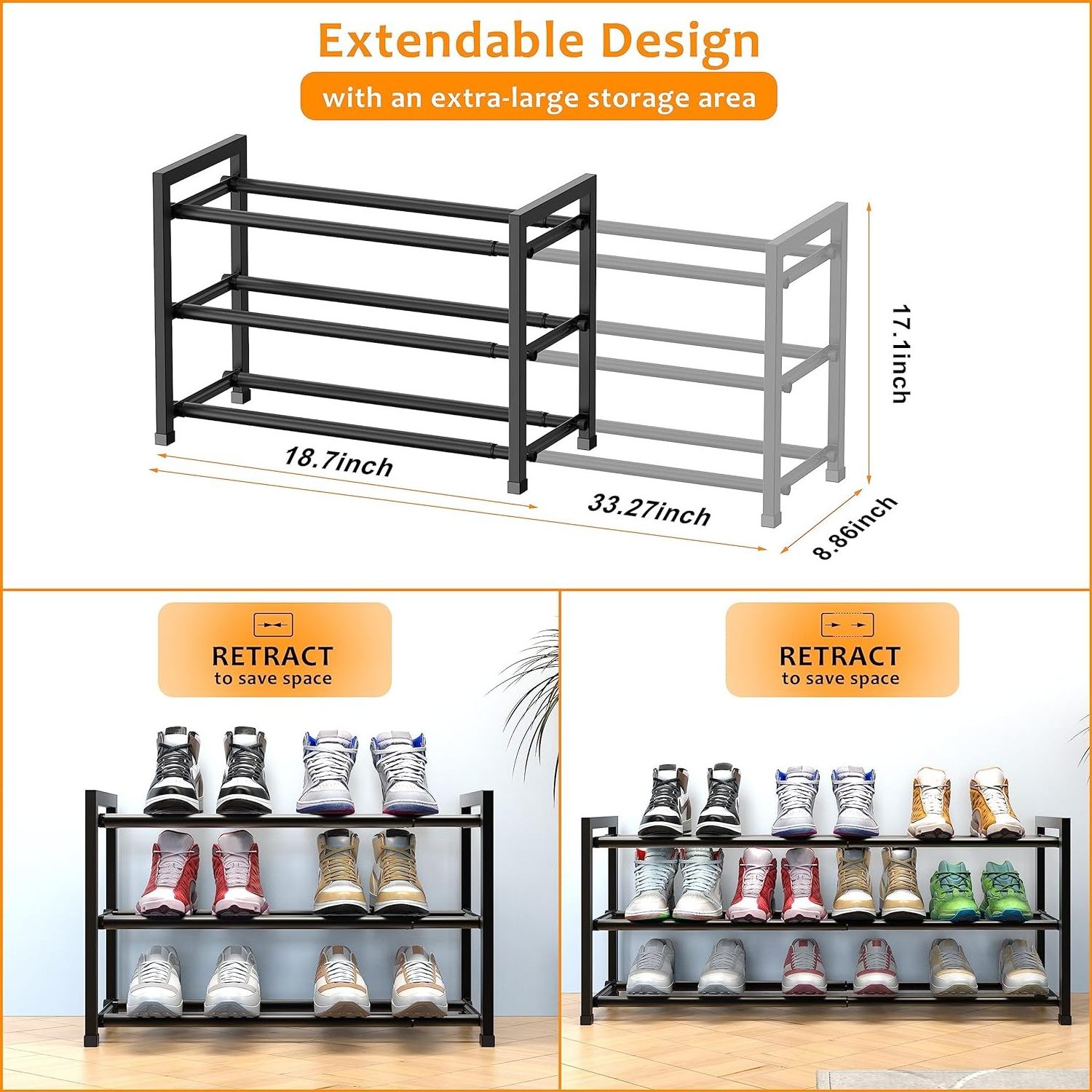 Expandable 3 Tier Shoe Rack Organizer for Closet Dorm Metal for Entryway Small Space Floor Door Hallway Entryway Black