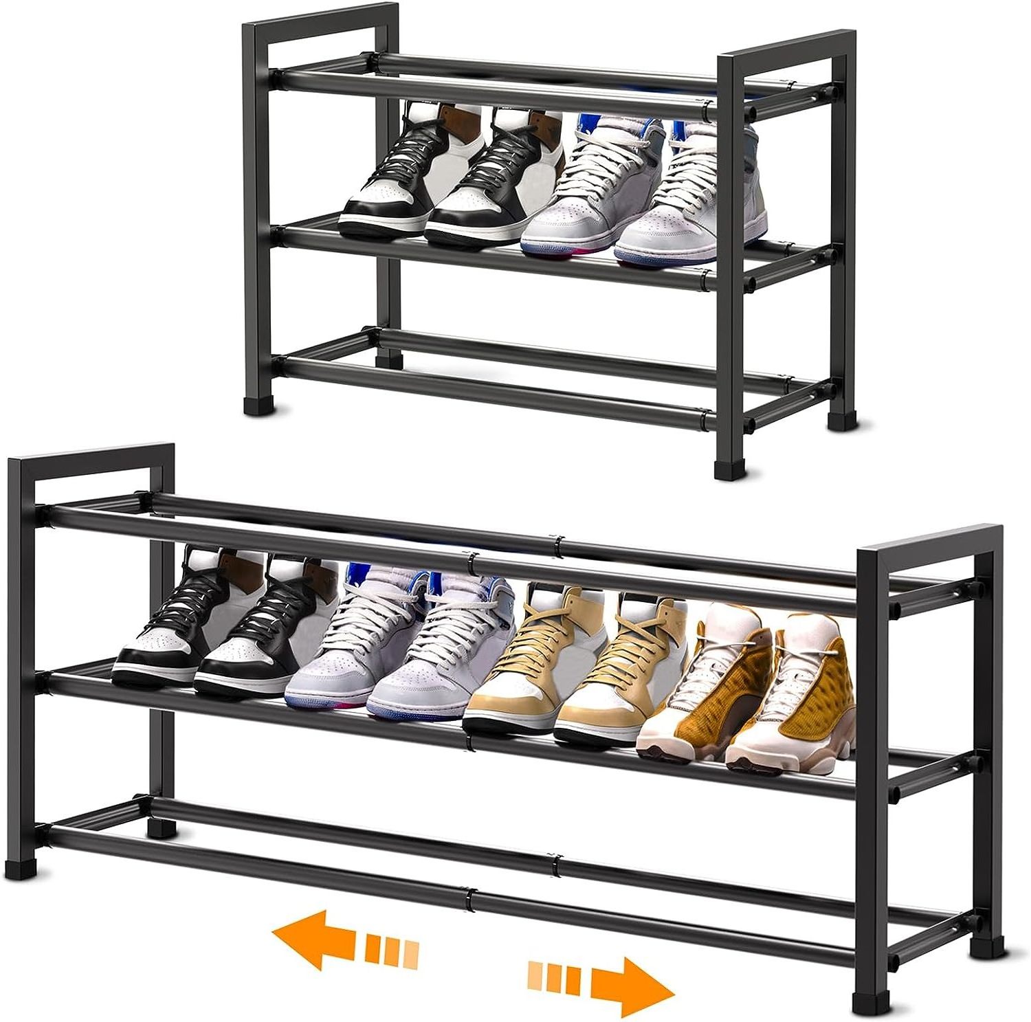 Expandable 3 Tier Shoe Rack Organizer for Closet Dorm Metal for Entryway Small Space Floor Door Hallway Entryway Black