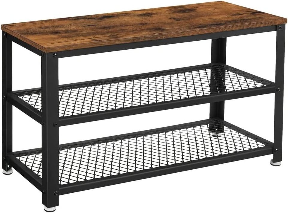 3 Tier Rack Shelf Storage Bench with Metal Mesh Shelves and Seat Free Standing Shoe Organizer For Entryway Rustic Brown & Black