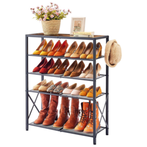 5 Tier Shoe Rack For Closet Entryway Metal Mesh Shoe Storage Shelf With X Shape Fixed Frame With 2 Hooks Rustic Brown & Black