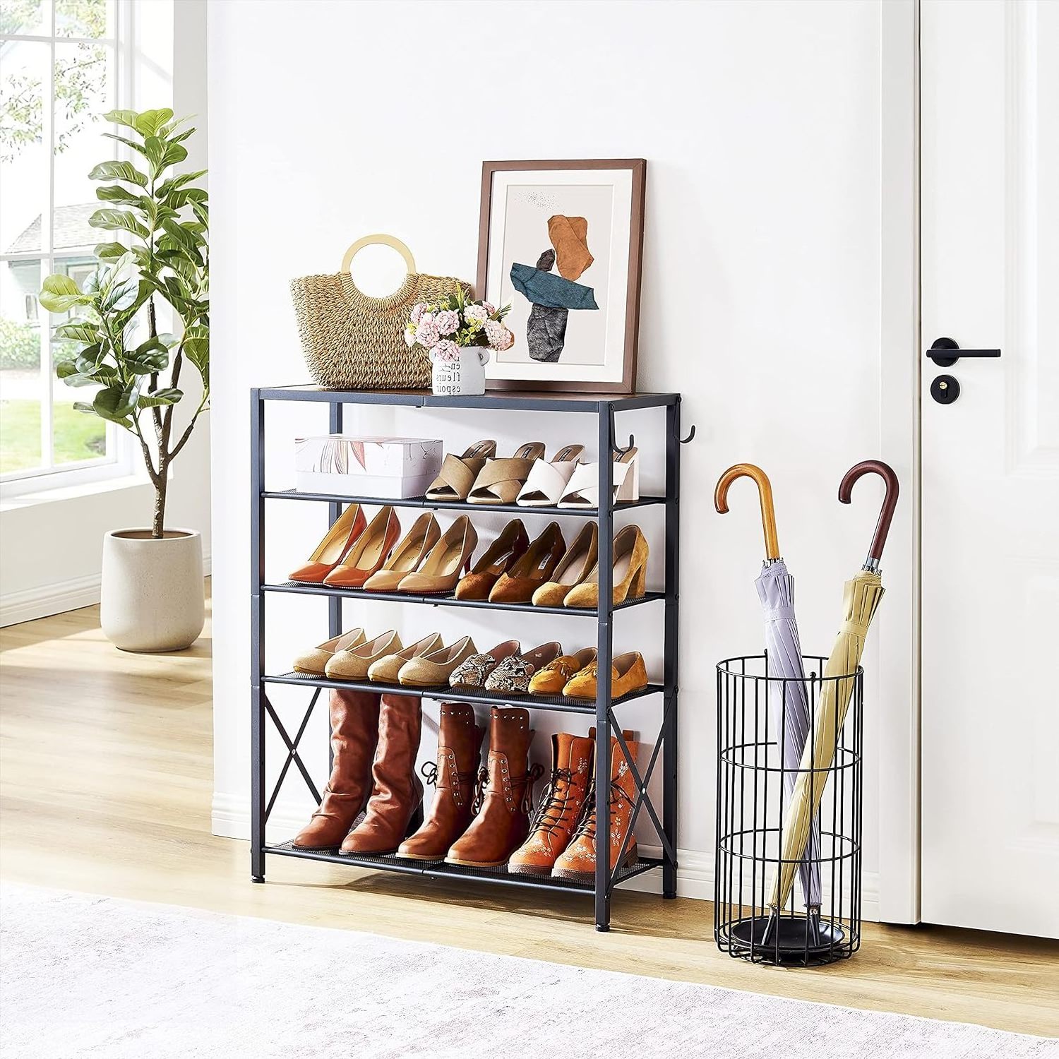 5 Tier Shoe Rack For Closet Entryway Metal Mesh Shoe Storage Shelf With X Shape Fixed Frame With 2 Hooks Rustic Brown & Black