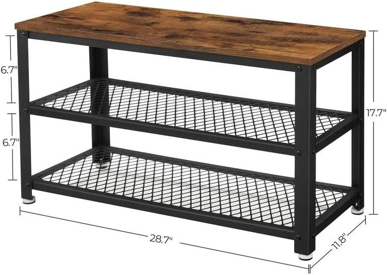 3 Tier Rack Shelf Storage Bench with Metal Mesh Shelves and Seat Free Standing Shoe Organizer For Entryway Rustic Brown & Black