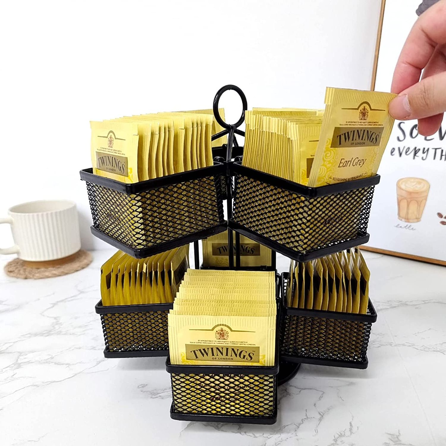 Tea Bag Organizer Storage Holder Spinning Carousel 96 Teabags Container Coffee Creamer Sweetener Caddy for Kitchen Counter Shelf