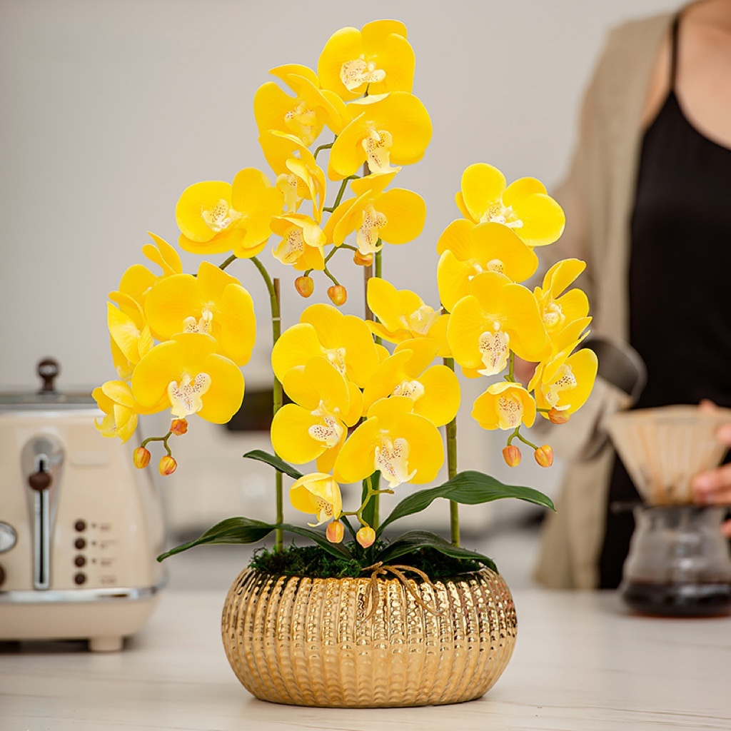 High Quality Orchid flower Potted Plants 3D Printing Natural Touch PU Artificial Butterfly Orchid Flowers with Golden Pot