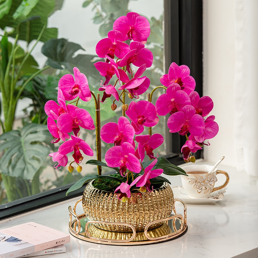 High Quality Orchid flower Potted Plants 3D Printing Natural Touch PU Artificial Butterfly Orchid Flowers with Golden Pot