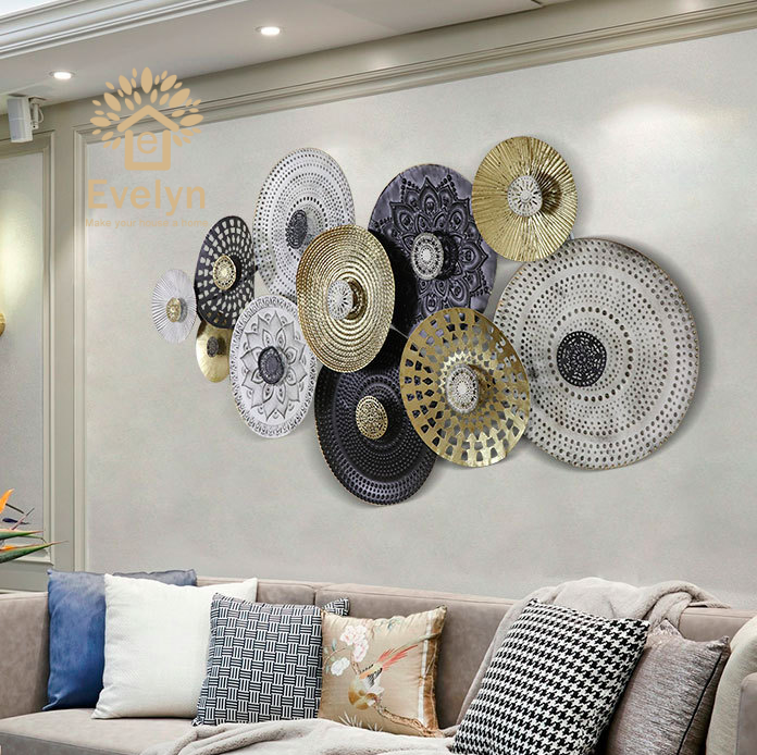 Tea room office modern circle iron luxury wall art metal hanging decoration