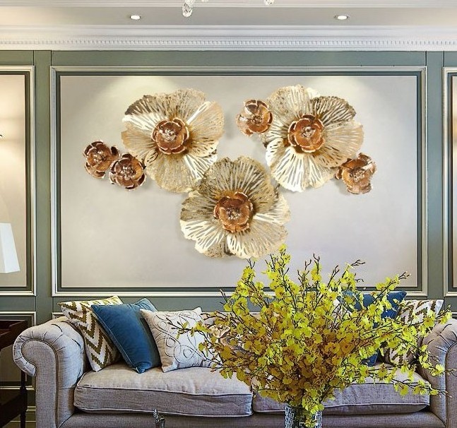 Hot sale new gold design iron art metal big peony flower hotel room restaurant wall decor