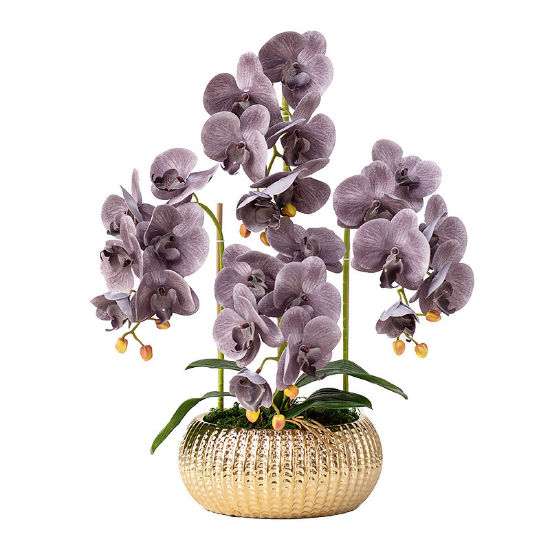 High Quality Orchid flower Potted Plants 3D Printing Natural Touch PU Artificial Butterfly Orchid Flowers with Golden Pot