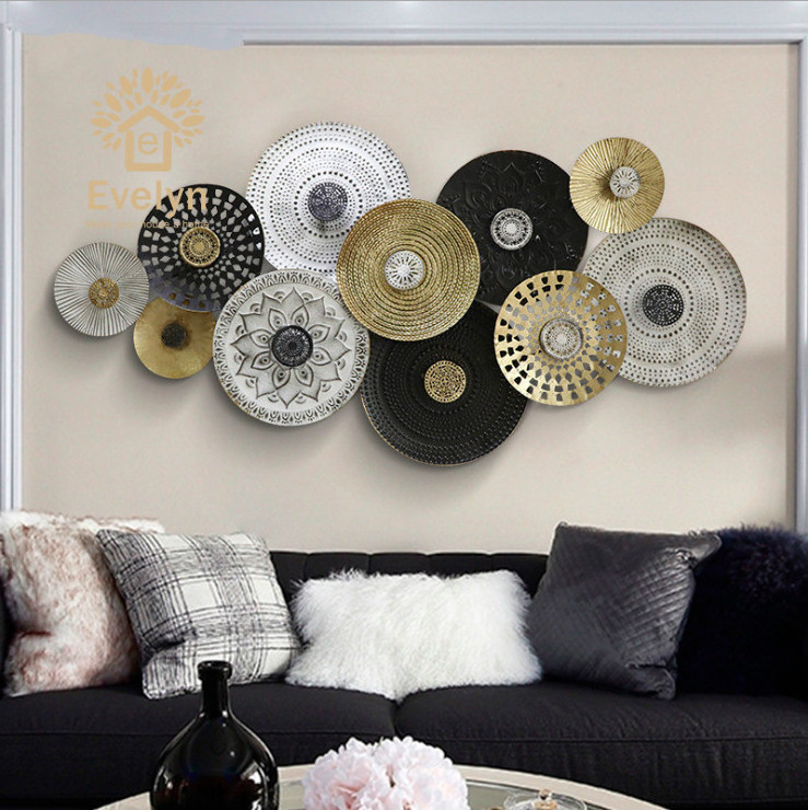 Tea room office modern circle iron luxury wall art metal hanging decoration