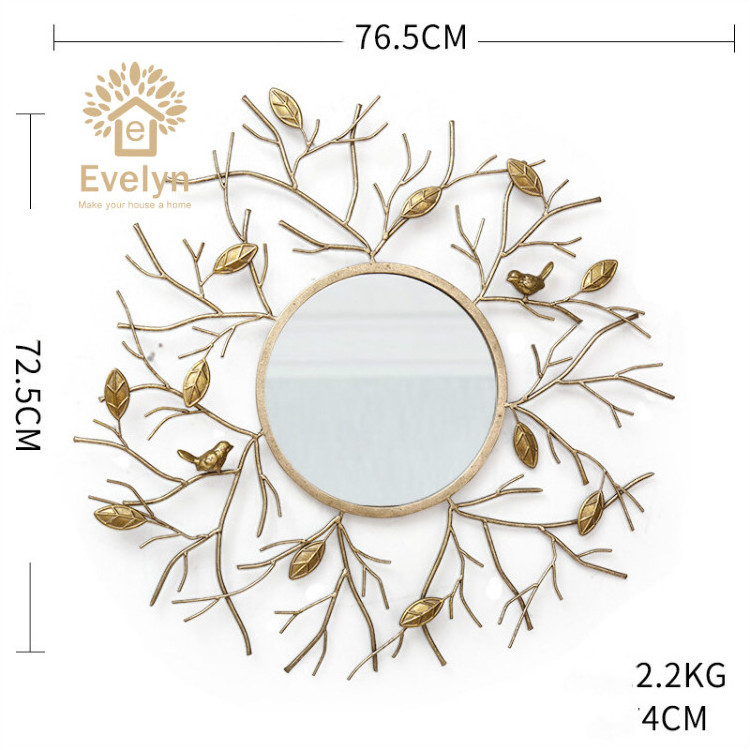 Large big house metal bird hanging hook round iron wrought wall mirror decoration art for living room