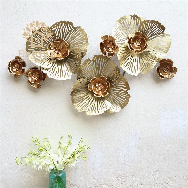 Hot sale new gold design iron art metal big peony flower hotel room restaurant wall decor