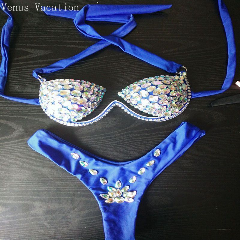 Sexy Rhinestone Bra Shorts Sets Night Club Stripper Outfits Exotic Dancewear Women Crystal Micro Mini Thong String Bikini Sets